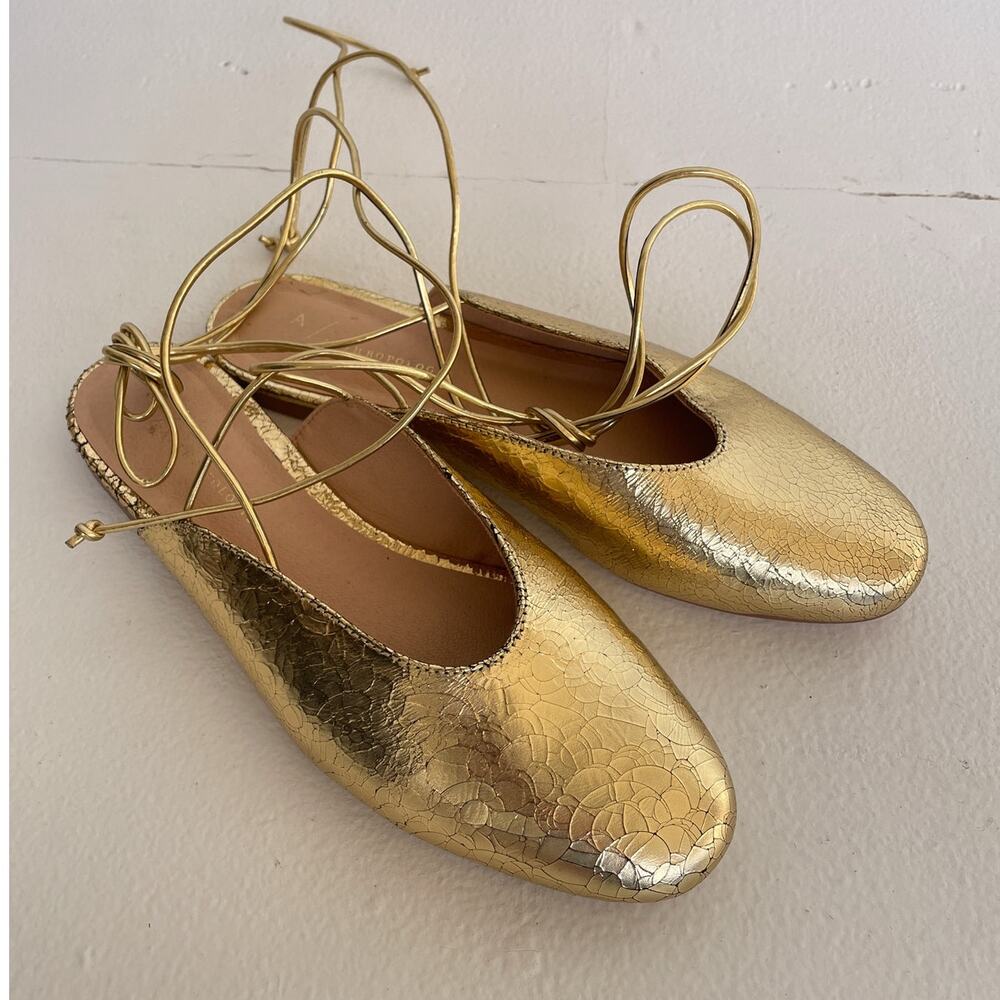 Anthropologie Jaya Ankle-Tie Flats Shiny Gold Shoes / Sz 7 / Balletcore Coquette